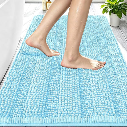 Smiry Thick Chenille Bathroom Rugs 30x20, Soft Absorbent Bath Mat, Sky Blue | Quick‑Dry & Machine Washable, Non‑Slip Bath Carpet, Striped Bath Rugs for Tub & Shower, Modern Home Decor Accessories