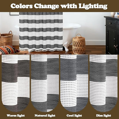 Black and White Farmhouse Thick Shower Curtain with Tassels, 350GSM Cotton Linen Soft Fabric Shower Curtain Boho Chic, 72 x 72 Inch Vintage Striped Heavyweight Bathroom Curtain Water-Repellent