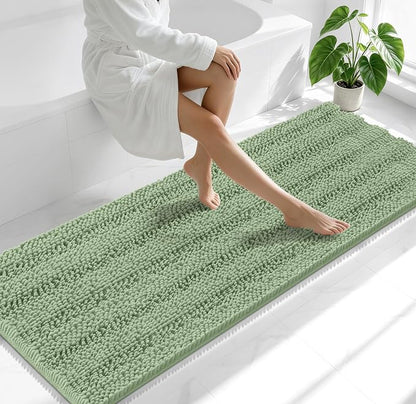 Smiry Thick Chenille Bathroom Runner Rugs 70x24, Soft Bath Mat, Sage Green | Quick‑Dry & Machine Washable, Non‑Slip Bath Carpet, Striped Bath Rugs for Tub & Shower, Modern Home Decor Accessories
