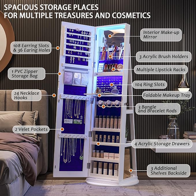 360° Swivel Jewelry Cabinet Organizer with Lights, Full Length Mirror with Jewelry Storage, Lockable Standing Jewelry Armoire Organizer, Mirror Jewelry Cabinet with Inside Makeup Mirror (White)