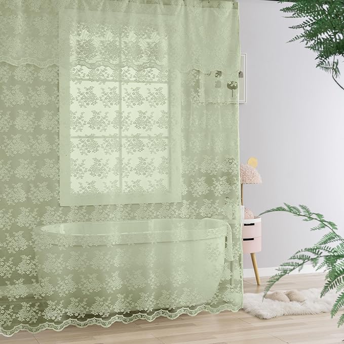 TUDECO Extra Long Green Lace Shower Curtain for Bathroom, 72W x 84L Inch | French Country, Sheer Floral Pattern, Summer Decor, Scalloped Edges, Attached Valance, Reinforced Holes, Machine Washable