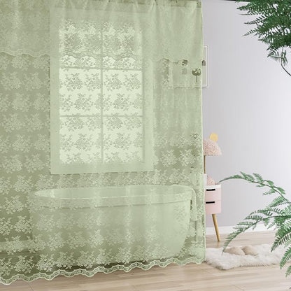 TUDECO Extra Long Green Lace Shower Curtain for Bathroom, 72W x 84L Inch | French Country, Sheer Floral Pattern, Summer Decor, Scalloped Edges, Attached Valance, Reinforced Holes, Machine Washable