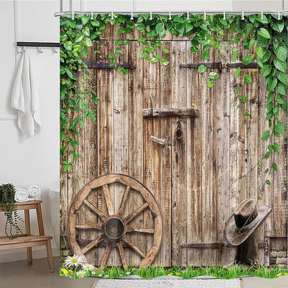 Rustic Farmhouse Country Barn Door Shower Curtain for Bathroom,Wood Board Plank Country Vintage Green Leaves Garage Cabin Decor Curtains,Wooden Wheel Boots Bath Curtains with Hooks 60X70IN