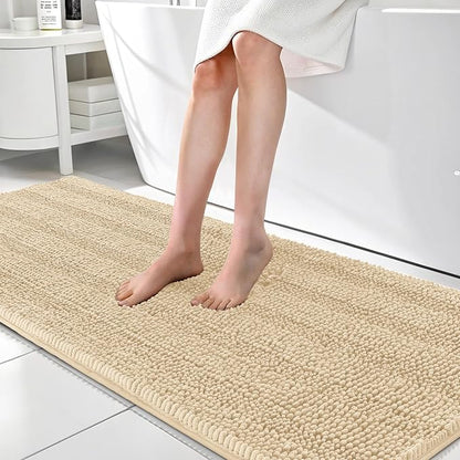 OLANLY Thick Bathroom Runner Rugs 70x24, Chenille Long Bath Rugs, Beige | Soft Absorbent Striped, Rubber Backing, Machine Wash, Bath Mats for Bathroom Floor, Tub and Shower, Home Decor Accessories