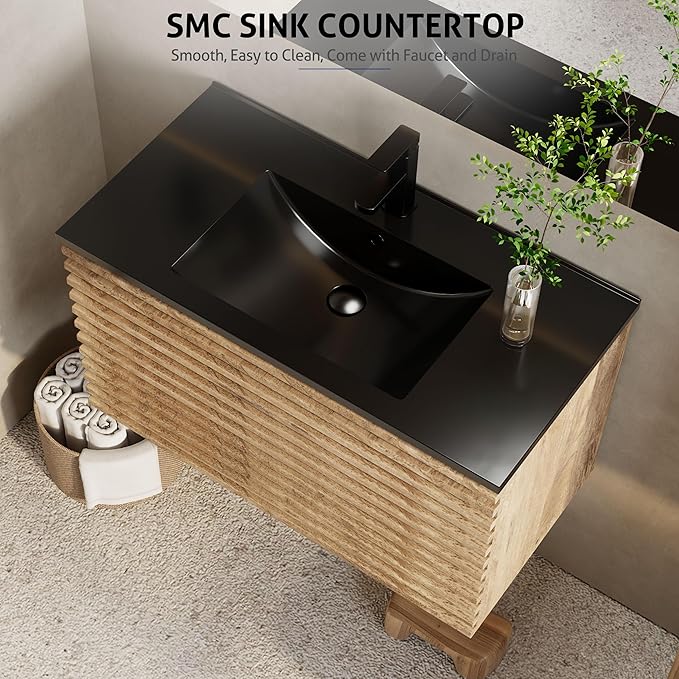 eclife 36" Floating Bathroom Vanity with Sink Combo, Mid-Century Wall Mounted Cabinet with Wood Stripes Decor, Drawers, Undermount Single Black Sink, Faucet, Drain, Light Walnut