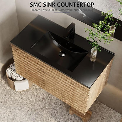 eclife 36" Floating Bathroom Vanity with Sink Combo, Mid-Century Wall Mounted Cabinet with Wood Stripes Decor, Drawers, Undermount Single Black Sink, Faucet, Drain, Light Walnut