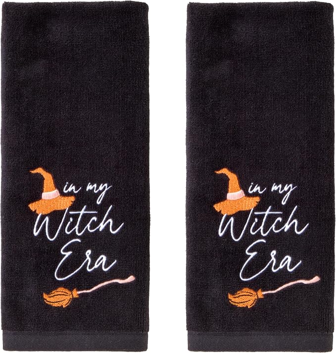 SKL Home Halloween in My Witch Era Hand Towel Set-2pc, 100% Cotton, Black | Soft, embroidered velour. Great for the bathroom, kitchen or bar & holiday gifting.