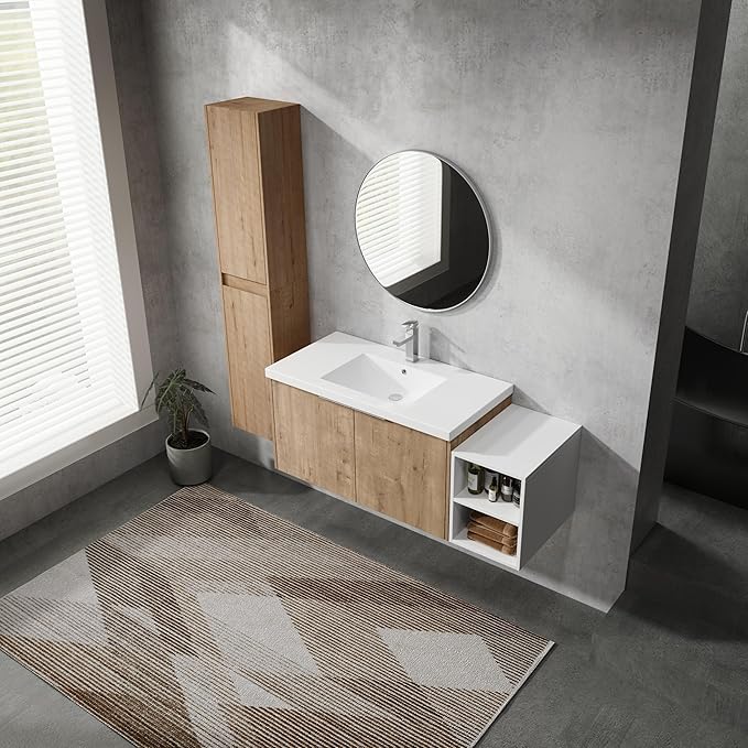 Henf 48" Floating Bathroom Vanity with Sink for Compact Space, Brown Wall Mount Bathroom Vanity Cabinet with Sink Combo, 48 Inch Bathroom Vanities Set with Open Storage Shelf & 2 Side Cabinet