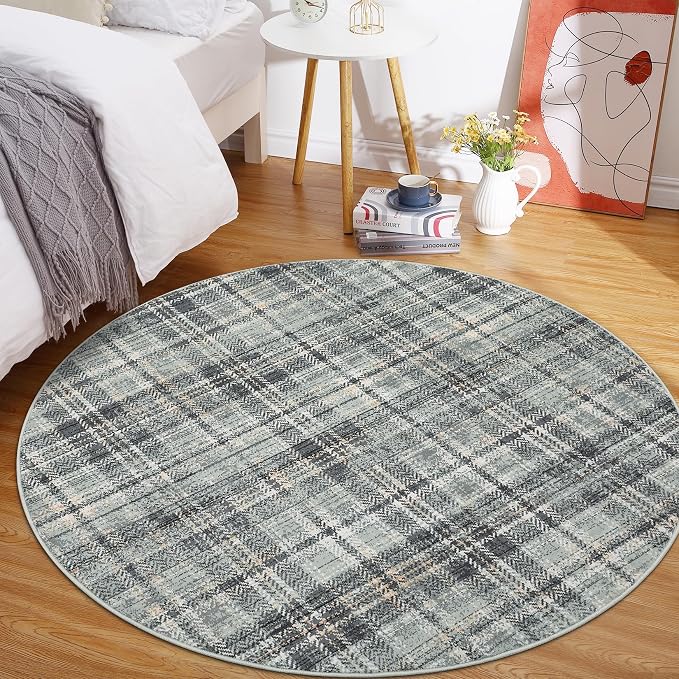 Tartan Plaid Washable Rug, Round Rugs 5ft Soft Modern Non Slip Circle Carpets for Bedroom Ultra-Thin, Boho Circular Carpet for Living Room Dorm Bedside Greyish Green