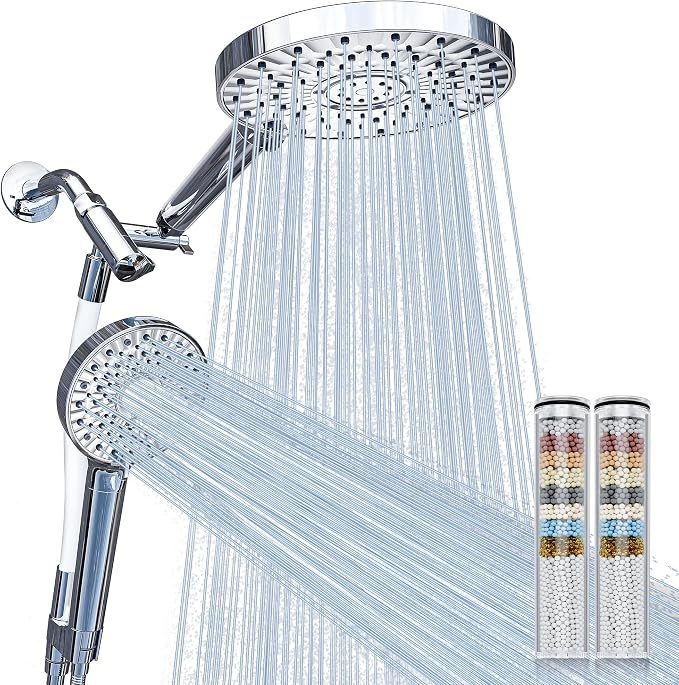Magichome Filtered Shower Head Handheld Mother-Child Large Arm Combo, High Pressure 10-Spd Detachable Chrome Showerhead w/Stainless Hose, Water Softener Beads Hard Water - Remove Chlorine, Sliver
