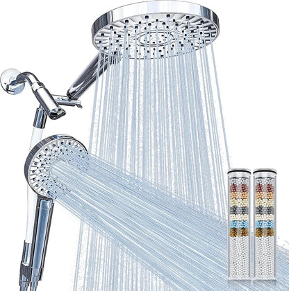 Magichome Filtered Shower Head Handheld Mother-Child Large Arm Combo, High Pressure 10-Spd Detachable Chrome Showerhead w/Stainless Hose, Water Softener Beads Hard Water - Remove Chlorine, Sliver
