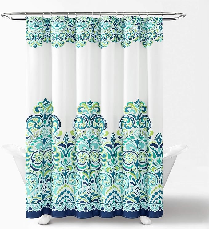 Lush Decor Clara Shower Curtain Single 72" W x 72" L Blue & Green - Fabric Shower Curtains for Bathroom - Colorful Bathroom Curtain - Boho Décor