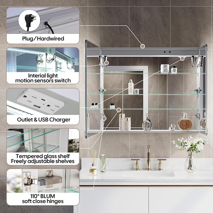 36" X 30" Bathroom LED Medicine Cabinet with Mirror, Medicine Cabinet with Lights, Bathroom Mirror with Storage, Dimmer, Defogger, Outlets & USB Ports, Double Doors