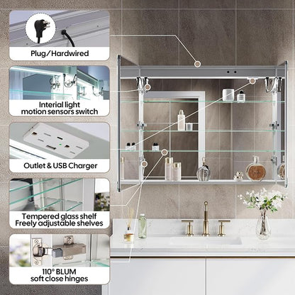 36" X 30" Bathroom LED Medicine Cabinet with Mirror, Medicine Cabinet with Lights, Bathroom Mirror with Storage, Dimmer, Defogger, Outlets & USB Ports, Double Doors