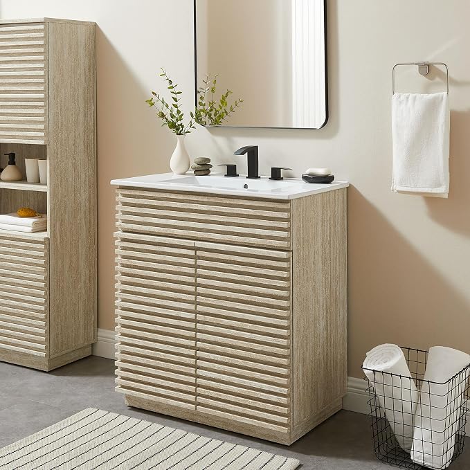 Modway Render Faux Travertine Slatted Bathroom Cabinet in Travertine