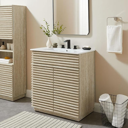 Modway Render Faux Travertine Slatted Bathroom Cabinet in Travertine