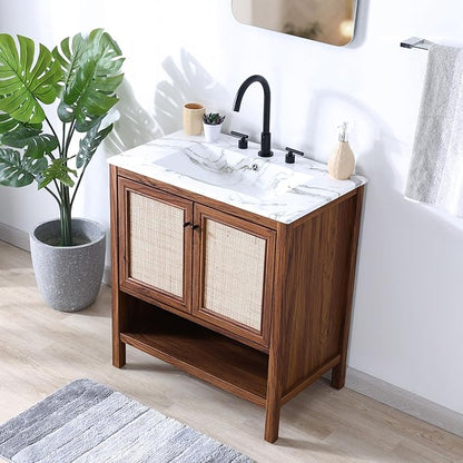 JONATHAN Y VAN1024B Jasper 30 in. W x 18 in. D x 33 in. H Rattan Modern Coastal 2-Shelf Bathroom Vanity Cabinet Only with Soft Closing Doors (Sink Basin Not Included), Walnut
