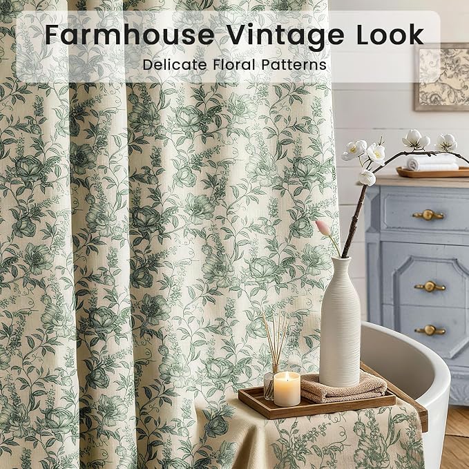 Farmhouse Sage Green Floral Shower Curtain with 12 Clear Rings 72"W x 72"L | Boho Fabric Faux Linen Shower Curtain Set, Vintage Cottagecore Shower Curtain for Bathroom