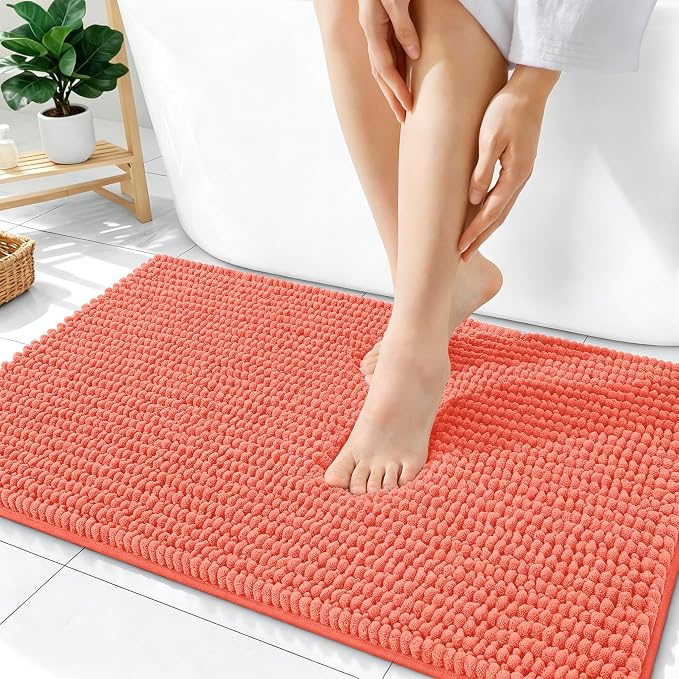 OLANLY Thick Chenille Bathroom Rugs 36x24, Soft Absorbent Bath Mat, Coral | Bath Rugs, Rubber Backing, Machine Wash Dry, Bath Mats for Bathroom Floor, Tub and Shower, Home Decor Accessories