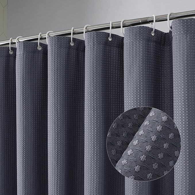 Long Fabric Shower Curtain Set, Waffle Textured Shower Curtain for Bathroom - Weight 230GSM Heavy Duty Hotel Spa Luxury Bath Curtain Set with 12 Plastic Hooks, 72x78, Grey