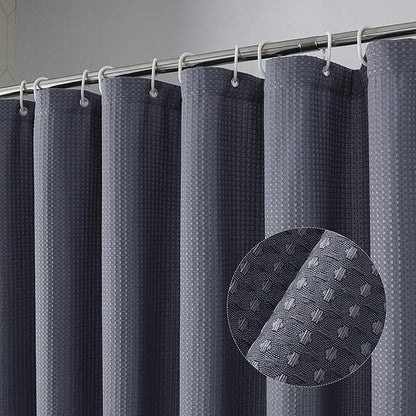 Long Fabric Shower Curtain Set, Waffle Textured Shower Curtain for Bathroom - Weight 230GSM Heavy Duty Hotel Spa Luxury Bath Curtain Set with 12 Plastic Hooks, 72x78, Grey