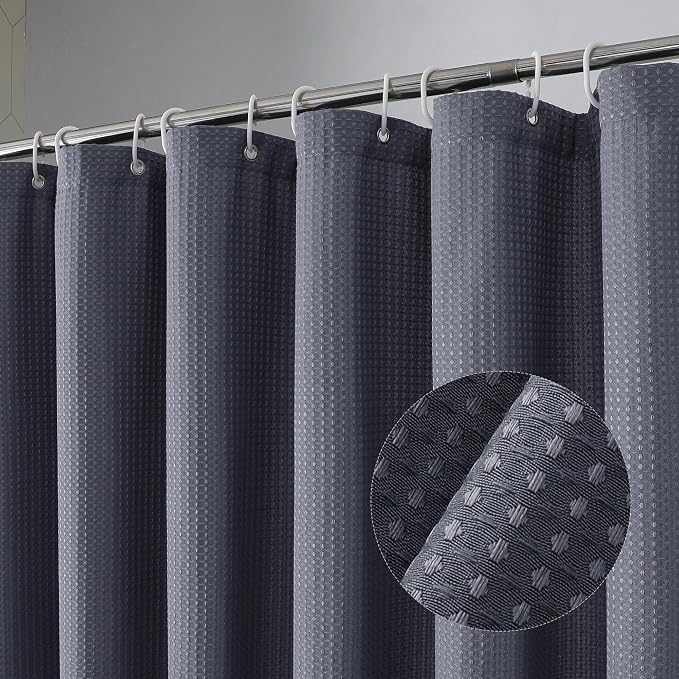 Extra Long Shower Curtain Set - 84 Inch Long Waffle Weave Heavy Duty Cloth Shower Curtain for Bathroom, Luxury Weighted 230GSM Bath Curtain Set with 12 Plastic Hooks, 72x84, Grey