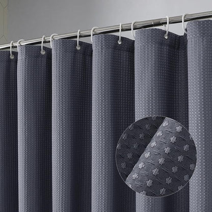 Extra Long Shower Curtain Set - 84 Inch Long Waffle Weave Heavy Duty Cloth Shower Curtain for Bathroom, Luxury Weighted 230GSM Bath Curtain Set with 12 Plastic Hooks, 72x84, Grey