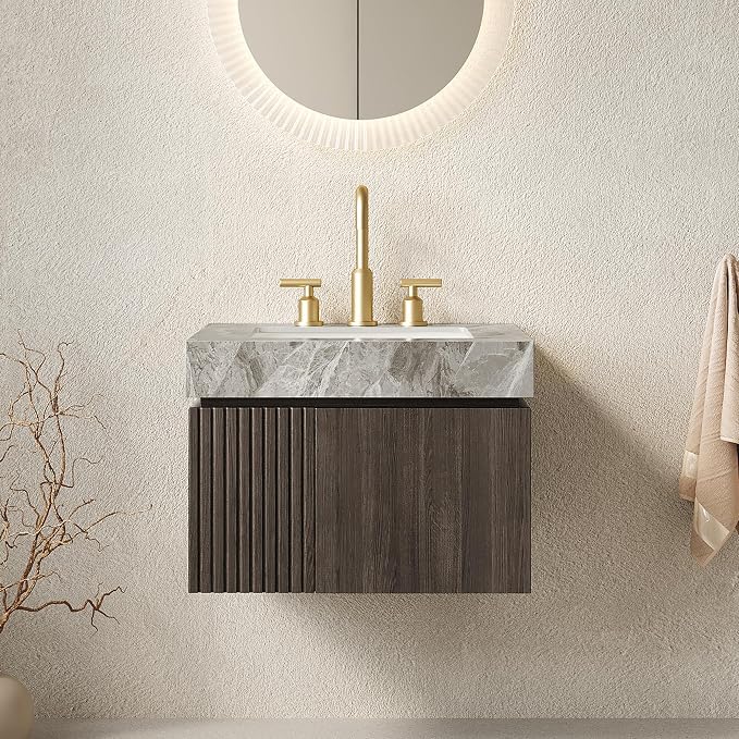 KEIKI 24 Inch Floating Bathroom Vanity with Sink, Espresso & Grey | Modern Wall Mounted Storage Cabinet with 2 Doors, Pre-assembled Wood Panels, Sintered Stone Top & Ceramic Basin Combo Set