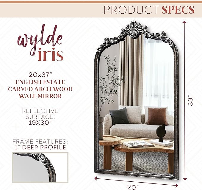 English Estate Carved Arch Wood Wall Mirror, Mirror for Entryway, Living Room, Bathroom, Distressed Black, 20.4x33