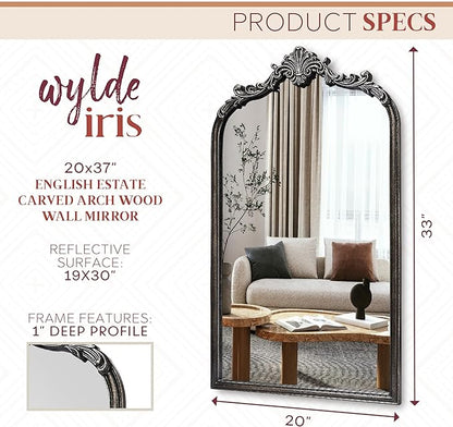 English Estate Carved Arch Wood Wall Mirror, Mirror for Entryway, Living Room, Bathroom, Distressed Black, 20.4x33