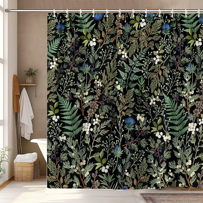 Vintage Botanical Shower Curtain, Elegant Boho Gothic Dark Green Ferns Floral Leaves Shower Curtain for Bathroom, Retro Whimsical Cottage Core Wildflower Farmhouse Curtain Bathroom Accessories 72X72