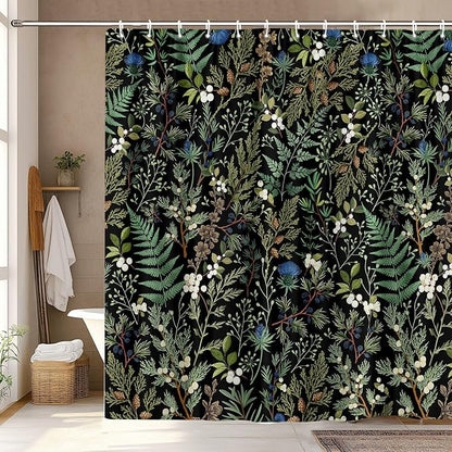 Vintage Botanical Shower Curtain, Elegant Boho Gothic Dark Green Ferns Floral Leaves Shower Curtain for Bathroom, Retro Whimsical Cottage Core Wildflower Farmhouse Curtain Bathroom Accessories 72X72