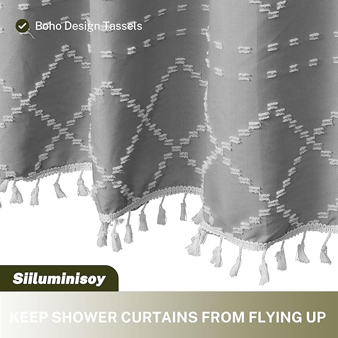 Boho Grey Textured Shower Curtain with Tassels 72 x 72 Tufted Chevron Striped Chenille Woven Fabric Cloth Shower Curtain Modern Farmhouse Minimalist, Shabby Chic Home Decor for Bathroom