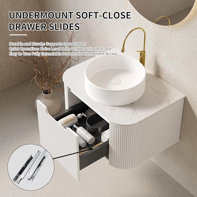 Yayzy 30" Floating Bathroom Vanity with Sink, Solid Wood Fluted Cabinet, White Round Ceramic Basin & Faux Marble Top, Soft-Close Drawer, Pre-Assembled, White