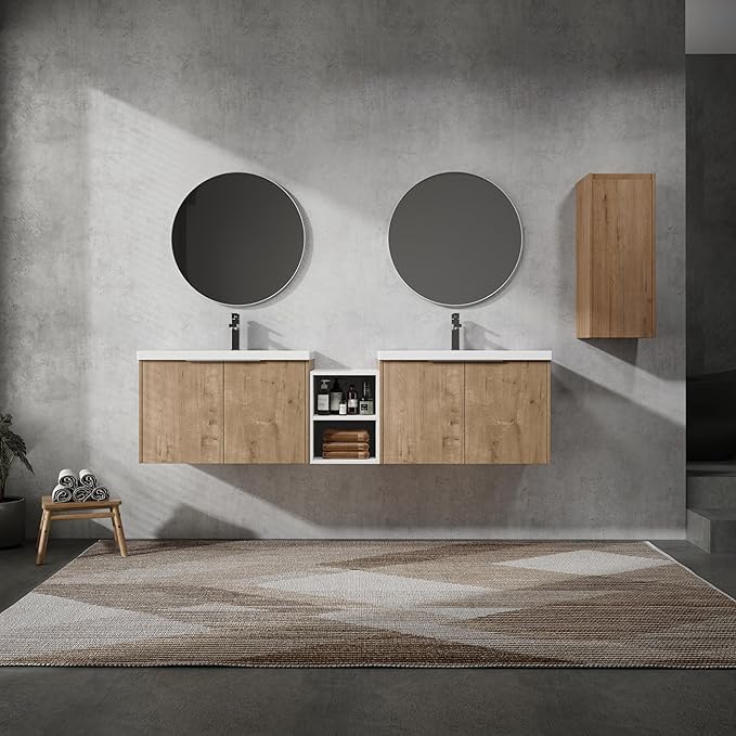 Henf 72" Floating Double Sink Bathroom Vanity Brown Wall Mount Bathroom Vanity Cabinet with Sink Combo, 72-Inch Bathroom Vanities Set with Open Storage Shelf & Side Cabinet & 2 30in Bathroom Vanities