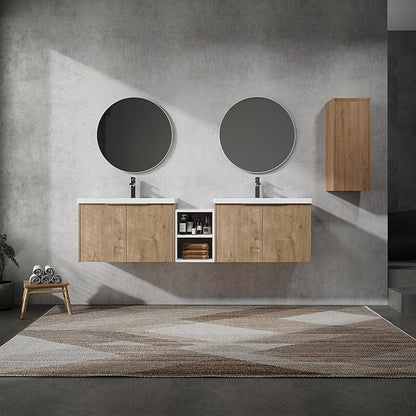Henf 72" Floating Double Sink Bathroom Vanity Brown Wall Mount Bathroom Vanity Cabinet with Sink Combo, 72-Inch Bathroom Vanities Set with Open Storage Shelf & Side Cabinet & 2 30in Bathroom Vanities