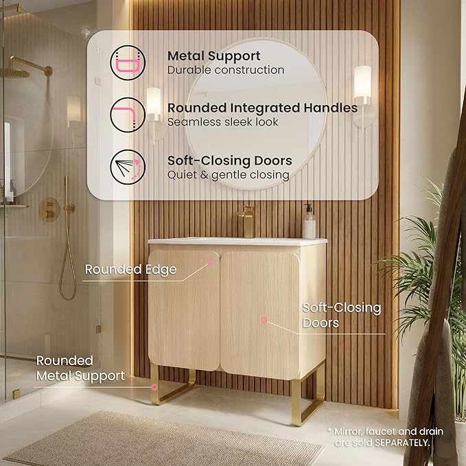 30" Bathroom Vanity Combo, Modern Bathroom Cabinet with Sink and 2 Soft-Closing Doors, Large Storage with Adjustable Shelf for Small Space, Light Wood - Dalia Collection