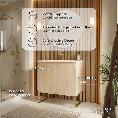 30" Bathroom Vanity Combo, Modern Bathroom Cabinet with Sink and 2 Soft-Closing Doors, Large Storage with Adjustable Shelf for Small Space, Light Wood - Dalia Collection