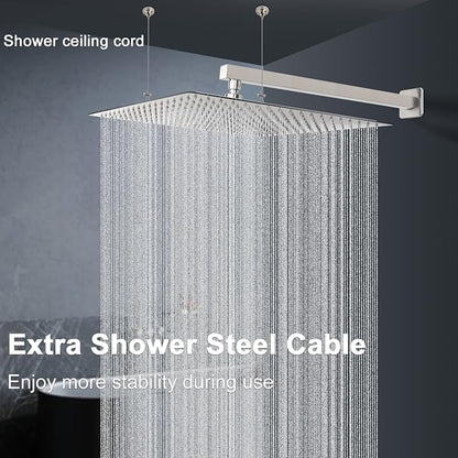 Shower Head with Extension Arm, High Pressure Square with ShowerArm, Stainless Steel Rainfall-Waterfall Full Body Coverage (16'' Shower with 20'' Arm, Brushed Nickel)
