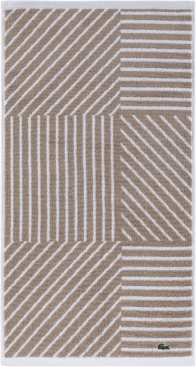 Lacoste Guethary Striped Towel – 100% Cotton, Reversible Modern Geometric Design, Soft & Absorbent, Durable & Lightweight, Machine Washable – Sand, 16"x30" Hand Towel