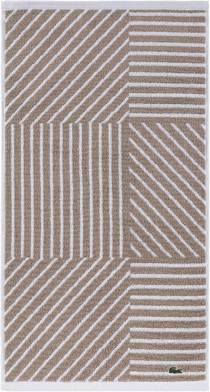 Lacoste Guethary Striped Towel – 100% Cotton, Reversible Modern Geometric Design, Soft & Absorbent, Durable & Lightweight, Machine Washable – Sand, 16"x30" Hand Towel