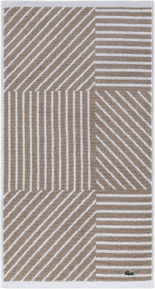 Lacoste Guethary Striped Towel – 100% Cotton, Reversible Modern Geometric Design, Soft & Absorbent, Durable & Lightweight, Machine Washable – Sand, 16"x30" Hand Towel
