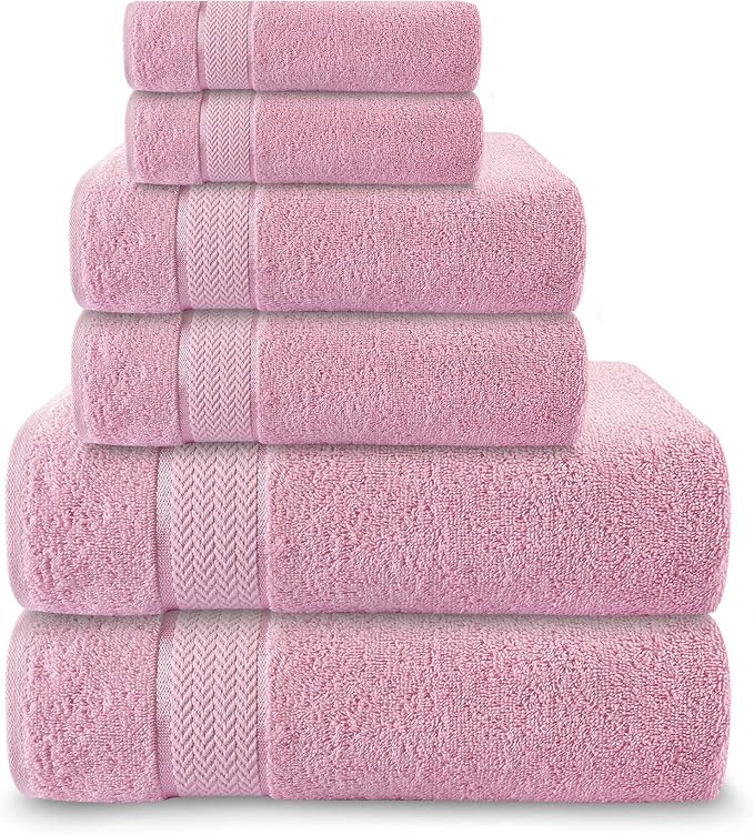 CRAFTBERRY- 6 Piece Cotton Bath Towel Set- 2 Bath - 2 Hand - 2 Face, Pink | 100% Cotton • Thick & Plush • Hotel Quality • Ultra Soft • Highly Absorbent • Quick Dry • Low Lint • Machine Washable