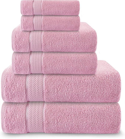 CRAFTBERRY- 6 Piece Cotton Bath Towel Set- 2 Bath - 2 Hand - 2 Face, Pink | 100% Cotton • Thick & Plush • Hotel Quality • Ultra Soft • Highly Absorbent • Quick Dry • Low Lint • Machine Washable