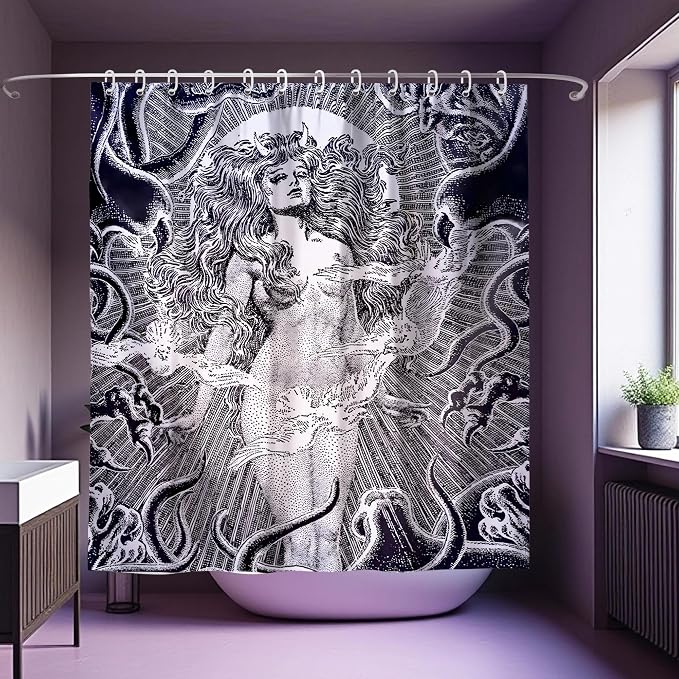 Gray White Gothic Snake Goddess Vintage Art Shower Curtain Set 72x72 Inches | Vintage Gothic Snake Goddess Myth Print, Dark Indie Home Guest Housewarming Dark Art Lover Bath Decor, With Fabric Hooks