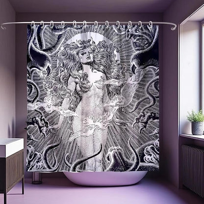 Gray White Gothic Snake Goddess Vintage Art Shower Curtain Set 72x72 Inches | Vintage Gothic Snake Goddess Myth Print, Dark Indie Home Guest Housewarming Dark Art Lover Bath Decor, With Fabric Hooks
