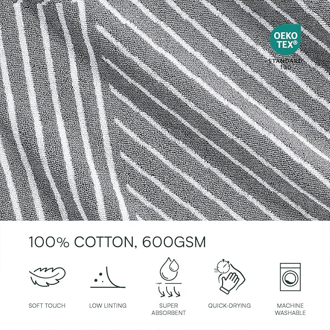 Lacoste Guethary Striped 6PC Towel Set – 100% Cotton, Reversible Design, Durable & Lightweight, Machine Washable – Meteorite, 2 Bath Towels (30"x54"), 2 Hand Towels (16"x30"), 2 Washcloths (13"x13")