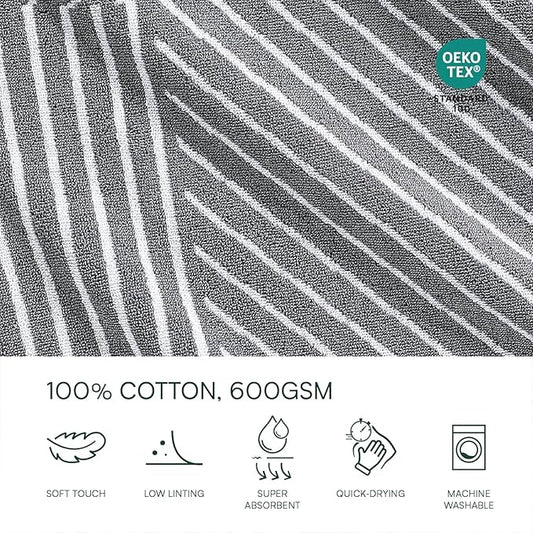 Lacoste Guethary Striped 6PC Towel Set – 100% Cotton, Reversible Design, Durable & Lightweight, Machine Washable – Meteorite, 2 Bath Towels (30"x54"), 2 Hand Towels (16"x30"), 2 Washcloths (13"x13")
