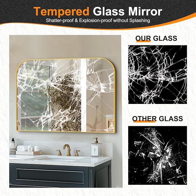 30"x40" Gold Metal Framed Bathroom Mirror for Over Sink | Rounded rectangle shape. Shatterproof HD glass, all mounting hardware for bathroom, bedroom, entryway.