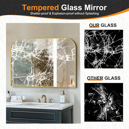 30"x40" Gold Metal Framed Bathroom Mirror for Over Sink | Rounded rectangle shape. Shatterproof HD glass, all mounting hardware for bathroom, bedroom, entryway.